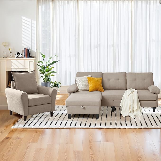 2PCS Sectional Sofa Set with OttomanModern Linen 4 Seater Couch Set with Side Pockets 3 Seat Couch and Armchair for Small Space(3+1Seat/Beige)