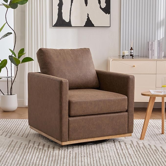 360° Swivel Upholstered Armchair 30.7 W Modern Comfort Single Sofa Chair for Living Room Bedroom Apartment Nursery Coffee PU