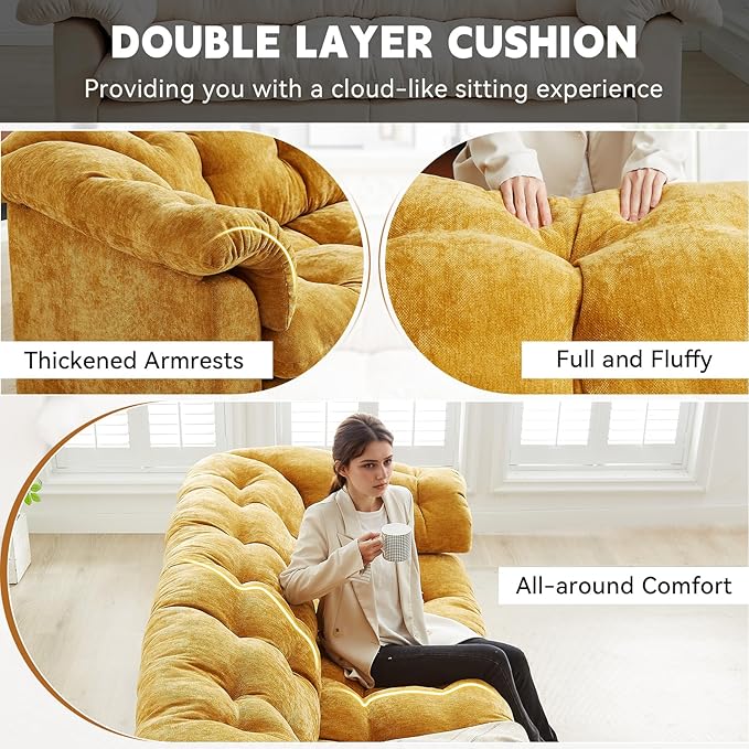 3-Seater Couch 94.8 inch Oversized Modern Comfy Tufted Chenille Fabric Cloud Fluffy Foam Deep Seat Soft Loveseat Sofa Couch for Living Room Bedroom Office Yellow
