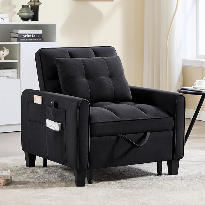 Modern Black Velvet 3 in 1 Sleeper Chair Bed Pull Out Sofa Bed Chair Adjustable Backrest 3 Reclining Positions Adult Size Indoor Use