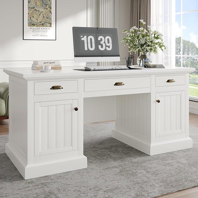 Jocisland 68 Executive Desk for Home Office &amp Study Fluted Panel Computer Table with 3 Drawers and 2 Cabinets Farmhouse Writing Desk – Pure White
