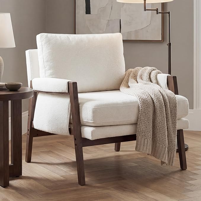 DUHOME Mid Century Modern Accent Chair with Wood FrameComfy Reading Chair with Armrest Mid Century Modern Chair Upholstered Living Room Chairs for BedroomWhite