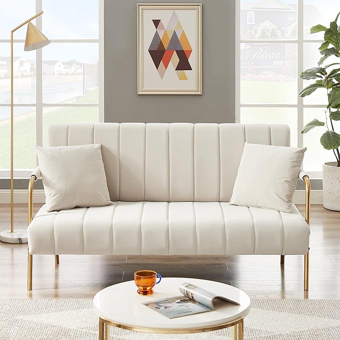 Dolonm 60 Velvet Loveseat 2 Seater Upholstered Couch with 2 Pillows Mid Century Pleated Velvet Sofa with Gold Metal Legs Perfect for Small Spaces Apartments Offices Bedrooms