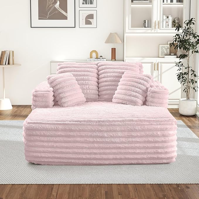 Chaise Lounge Chair Indoor Comfy Corduroy Plush Fluffy Foam Floor Compression Sofa Chair Leisure Reading Single Sleeper Chaise Chair for Living Room Bedroom Office Pillows Included (Pink)