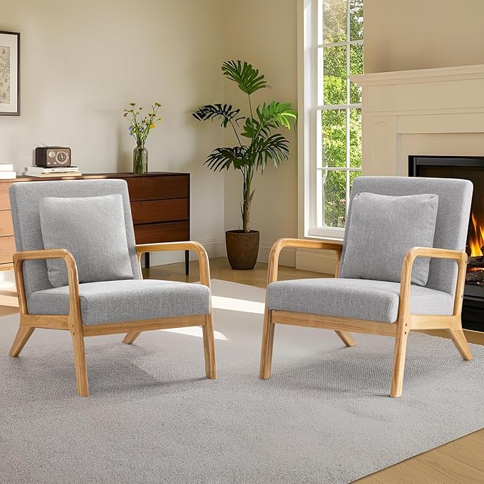 ELUCHANG Mid-Century Modern Accent Chair with Lumbar PillowUpholstered ArmchairLinen Fabric Comfy Reading Chair Lounge Side Chair for Living Room Bedroom ApartmentEasy Assembly(Grey2pcs)