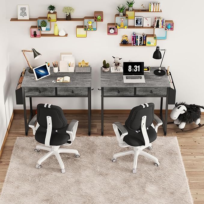 Lufeiya Small Desk with Drawers - for Bedroom 32 Inch Home Office Computer Desk with Fabric Storage Drawer and Bag Study Writing Table for Small Spaces Gray