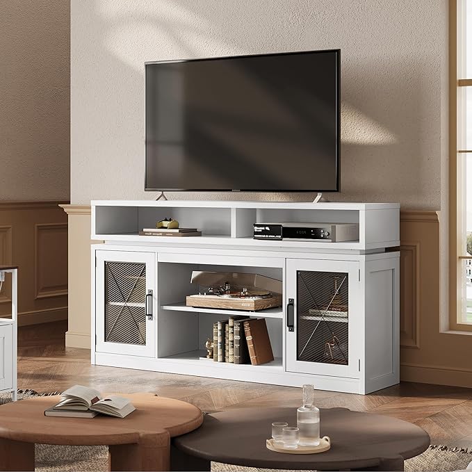 WLIVE Farmhouse TV Stand for TVs Up to 65 Inches Tall Entertainment Center with Storage Cabinets &amp LED Lights Media Console for Living Room Bedroom Home Theater White
