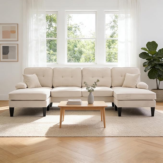 100'' U-Shaped Sectional Sofa with Double Chaise Minimalist 4-Seater Couch with 2 Pillows Sofa Set with Arm &amp 2 Side Pocket for Living Room Apartment (Beige)