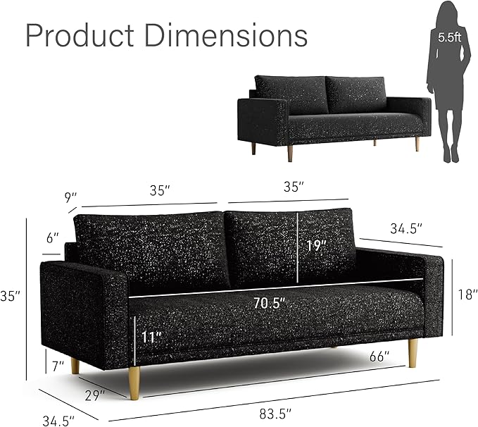 Furniture of America Oriana Contemporary Boucle Sofa Couch with Back Pillows and Wooden Legs Comfy Fabric Upholstered 3 Seater Couch for Living Room Bedroom Home Office Black