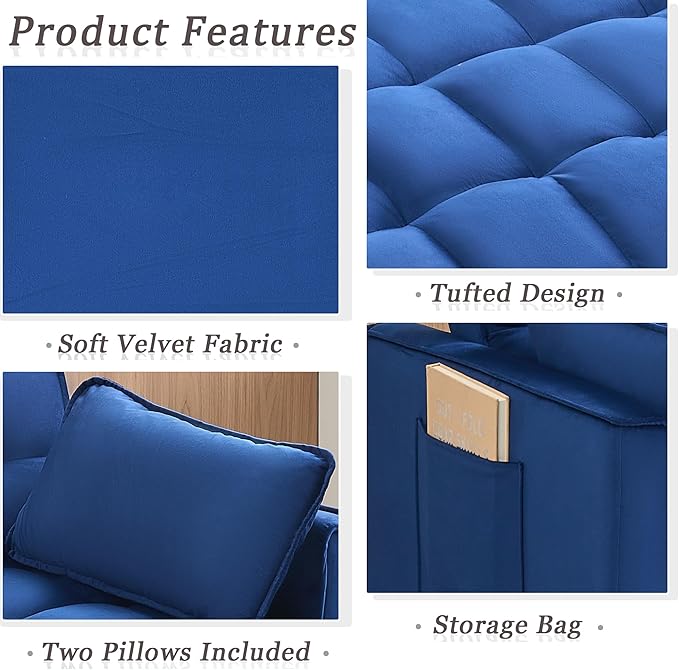 55 Sleeper Loveseat3 in 1 Sofa BedPull Out Couch Bed with 2 Pillows and Side PocketsVelvet Convertible Bed for Small Spaces Living Room (Blue)
