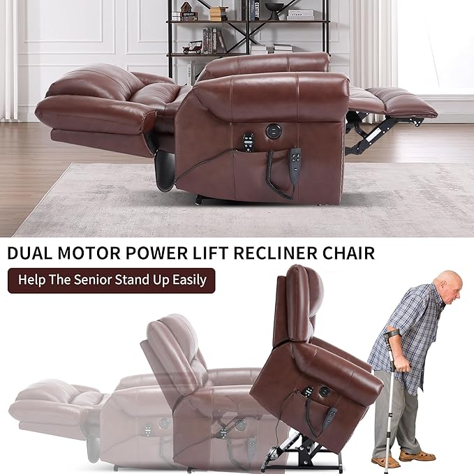 Genuine Leather Power Lift Recliner Chair Lazy Boy Recliner Chair with Charging Ports for Living Room Theater Seating Electric Single Sofa with Round Armrest Red