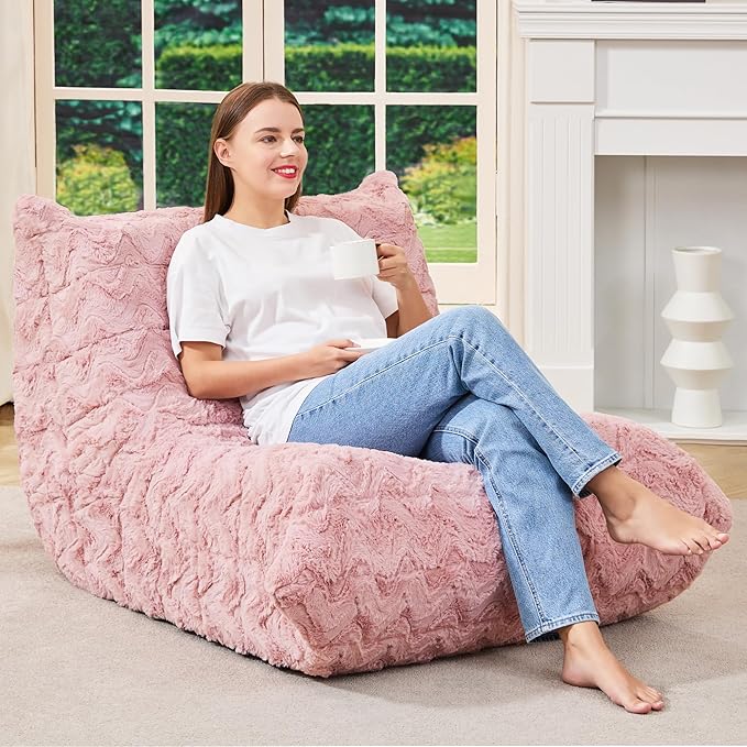 Bean Bag Chairs for Adults Giant Bean Bag Chair Memory Foam BeanBag Chair Bean Bag Sofa with Filler Faux Fur Fireside Beanbags Lazy Sofa for Living Room Bedroom Office (Pink Chevron Single)
