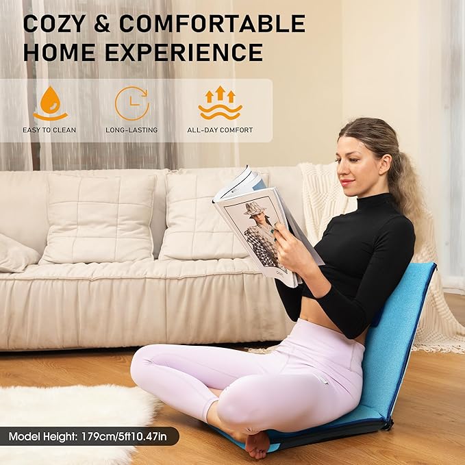 Floor Chair with Back Support 14-Position Adjustable Floor Chair Portable Ground Seating for Adults Foldable Meditation Seat with Japanese KOYO Bearings &amp Washable Linen Cover (Bright Blue)