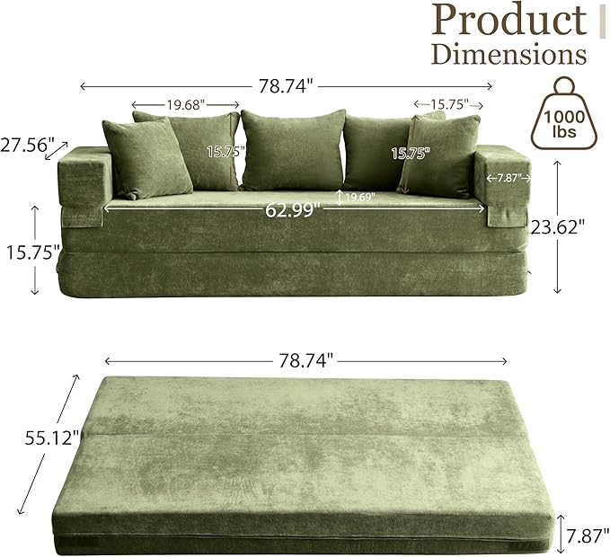 79 Convertible Folding Sofa Bed Queen Sleeper Sofa Couch with Armrest and Pillows Chenille Fold Out Floor Chaise Lounge Comfy Foldable Futon Mattress For Living Room Bedroom (Green 7.87)