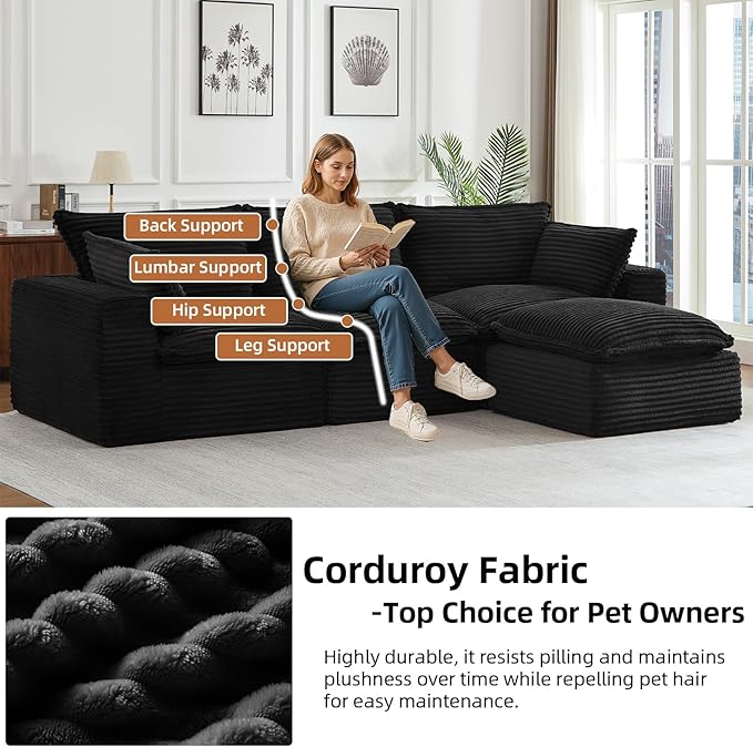 110 Inch Modular Sectional Sofa - Cloud Sectional Couch with OttomanCorduroy Boneless Couches with Deep SeatModern Sponge Compressed Couches for Living Room (White 4 Seat -L Shape Couch)