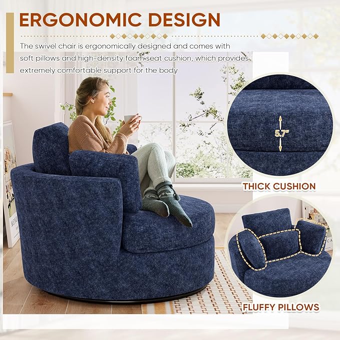 Oversized Swivel Accent Barrel Chair Set of 2 Chenille Upholstered Comfy Round Swivel Chair with Pillows 360 Degree Modern Lounge Reading Sofa Armchair for Nursery Living Room Bedroom(Navy Blue)