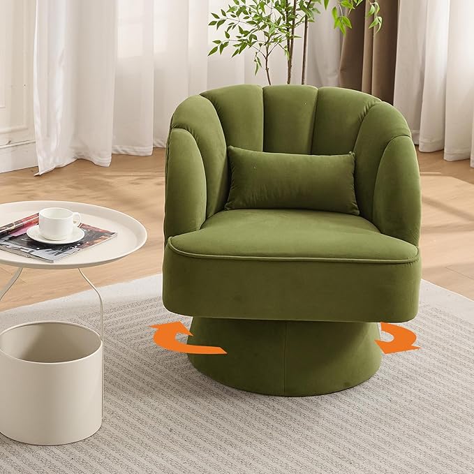 Mid Century Modern Swivel Barrel Chair - 360 Degree Swivel Accent Chair with Plush Velvet Upholstery &amp Wide Cushioned Seat Round Lounge Sofa Chair for Living Room Bedroom Office (Green 1 PCS)