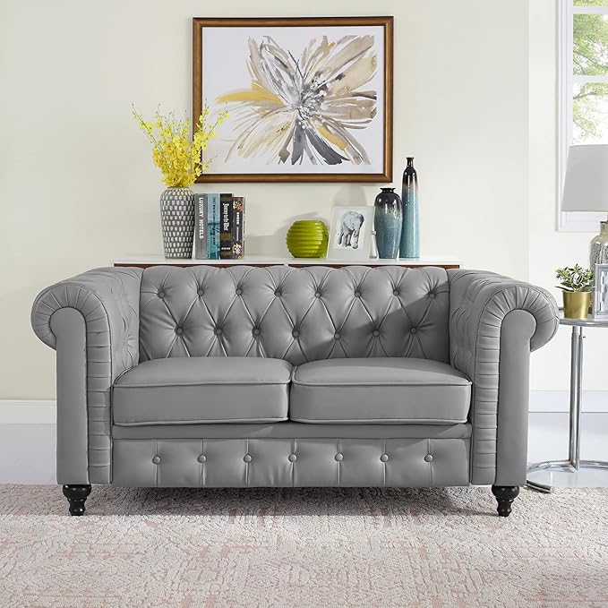 Naomi Home Emery Chesterfield Love Seat Loveseat Sofa &amp Accent Chair with Rolled Arms Tufted Cushions Solid Wooden Legs Deep Seating Comfy Bedroom Living Room Reading Chair/Tool-Free Assembly – G