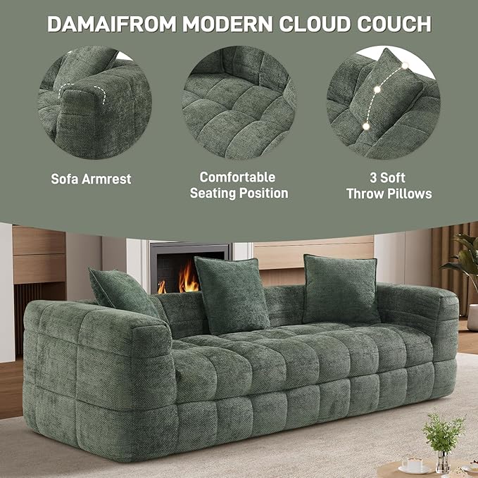 89.8 Boneless CouchComfy Cloud Sectional Sofa with Deep SeatModern Upholstered Chenille Love Seat Sofa Oversized Couches for Living Room No Assembly Required Tufted Sofas Green