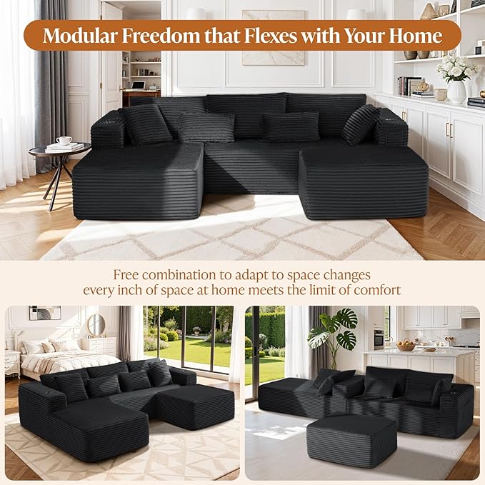 108 Cloud Modular Sectional Couch Modern Boneless Couches with Deep Seat U Shaped Sofa for Living Room No Assembly Required Plush Corduroy (Black 2 Seater+Left Facing Chaise+Ottoman)