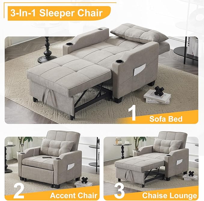 Zimtown Sleeper Chair 3-in-1 Multi-Functional Pull-Out Sofa Bed Adjustable Back Futon Sofa with USB Side Pocket Cup Holder for Living Room/Apartment/Office/Small SpaceLight Gray