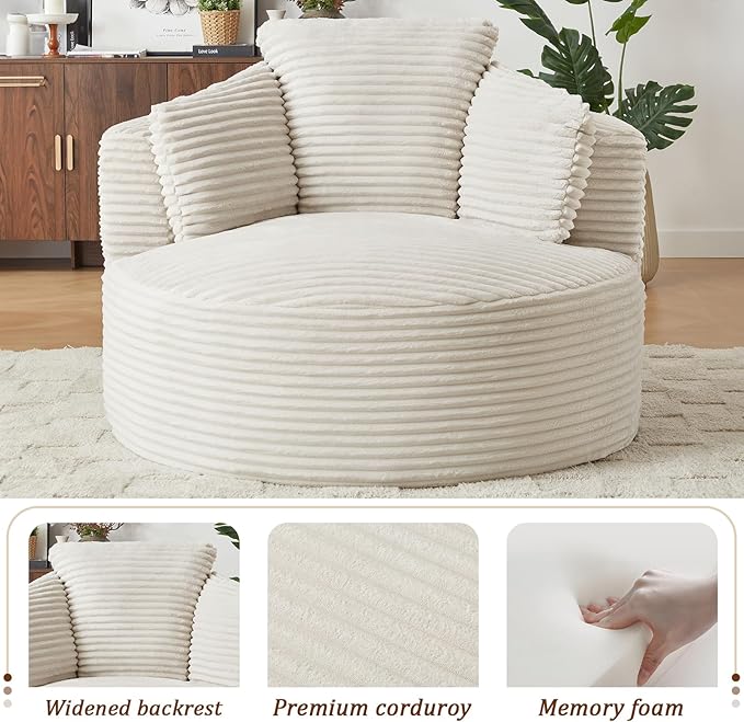 Round Chair Lounge Chaise Indoor 48.8 Oversized Sofa Chair Upholstered Corduroy Deep Seat Sleeper Sofa Bed No Assembly Required for Living Room Bedroom Apartment White