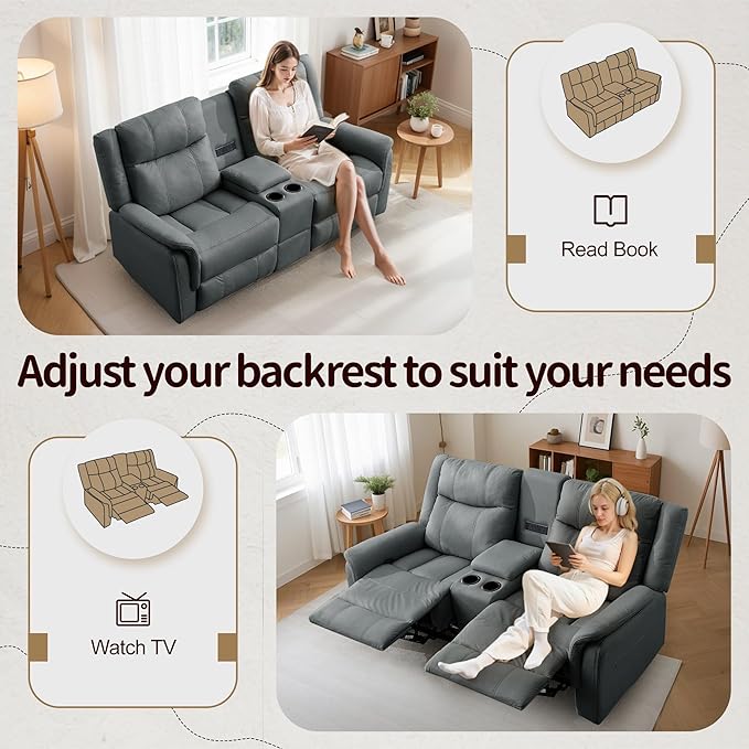 Loveseat Recliner Sofa Reclining Loveseat Couch Reclining Couch with Console USB Port US Outlets and Cup Holders 2-Seater Sofa for Living Room