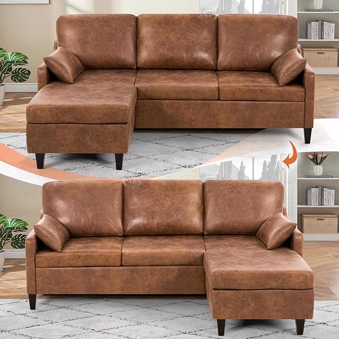 76 Sectional Sofa Couch w/Reversible Chaise Suede Leather L Shaped Sofa w/USB Charger Ports &amp Storage Bag Convertible Modern Couch w/Storage Space for Living Room Small Space Brown