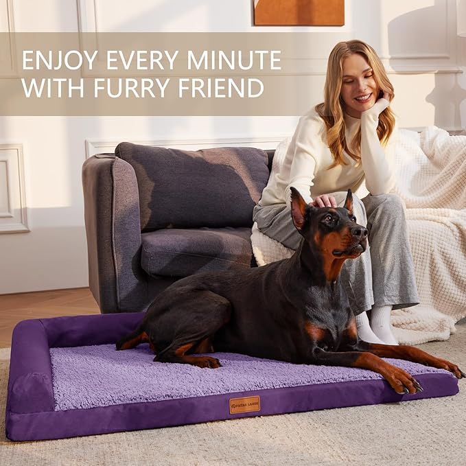 Patas Lague Orthopedic XL Dog Bed Large Sized Dog 42''X28'' Waterproof L Bolster Big Pet Sofa Beds with Removable Washable Cover Soft Comfortable Pet Couch Crate Mat with Nonskid Bottom Purple