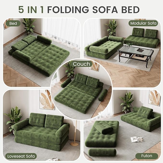 59 Convertible Sofa Bed 5-in-1 Folding Loveseat Sleeper Chair with Pillows Removable Armrests Fold Out Boneless Couch Futon Floor Mattress Lounge for Apartment Dorm Living Room - Green Full