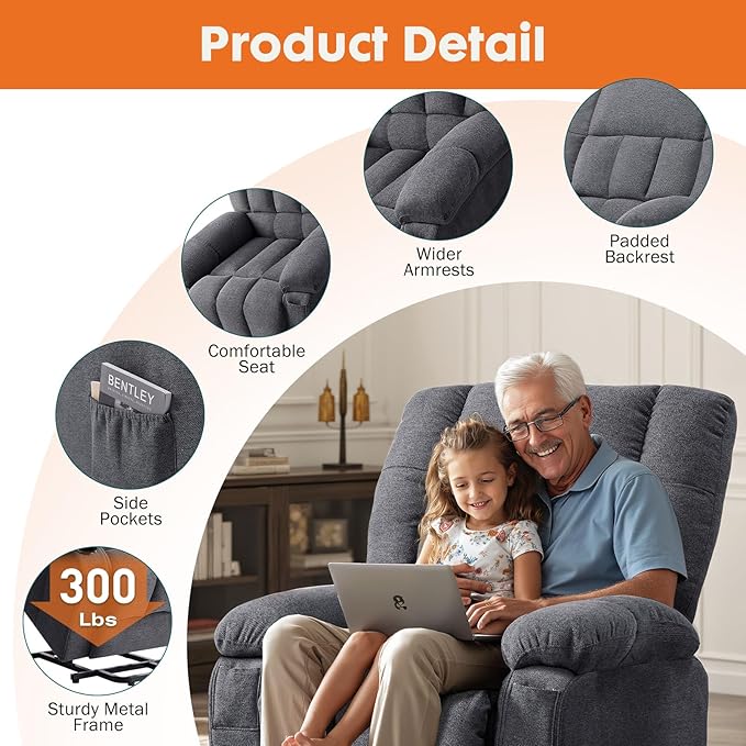 Sweetcrispy Power Lift Recliner Chair with Vibration Massage and Heat for Elderly Ergonomic Overstuffed Breathable Fabric Reclining Chair with 3 Pockets Remote Control Living Room Light Brown