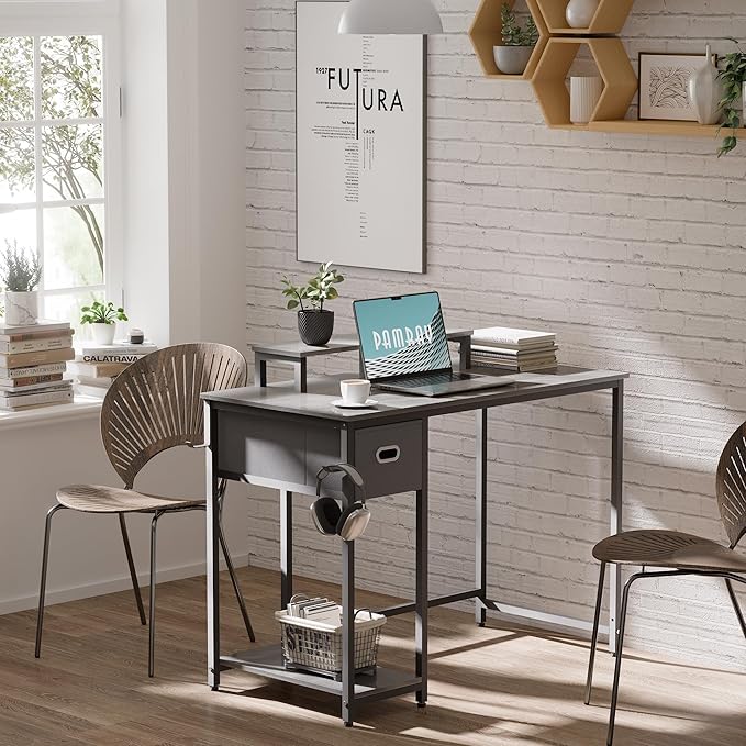 Pamray 39 Inch Computer Desk with Monitor Stand Small Home Office Desks with Non-Woven Storage Drawer for Bedroom Study Table Writing and Work Desk Espresso GrayGray Leg