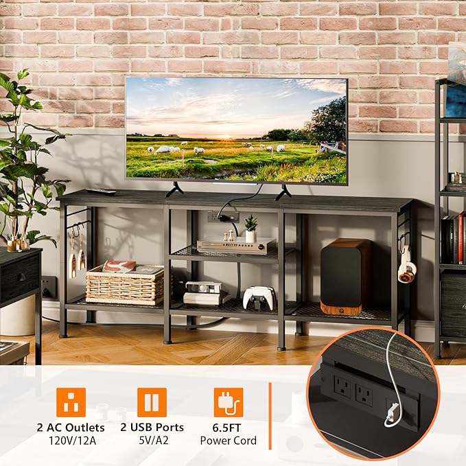 Furologee TV Stand with Power Outlets Entertainment Center with Open Storage Shelves for TVs up to 55 Inch Media Console Table with Soundbar Shelf for Living Room Bedroom Black Oak