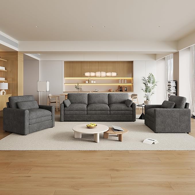 3-Piece Cozy Upholstered Sofa Set Upholstered Sofa Set with 2 Single Sofa Oversized Comfy Cloud Sofa for Living Room Office Apartment (Grey-6c)