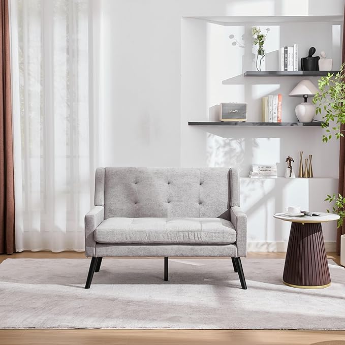 Mid-Century 47 Small Loveseat Sofa Plush Linen Fabric with Button Tufted High Back and Solid Wood Legs for Apartment Living Room Bedroom Home Office (Light Grey 2-Seater)