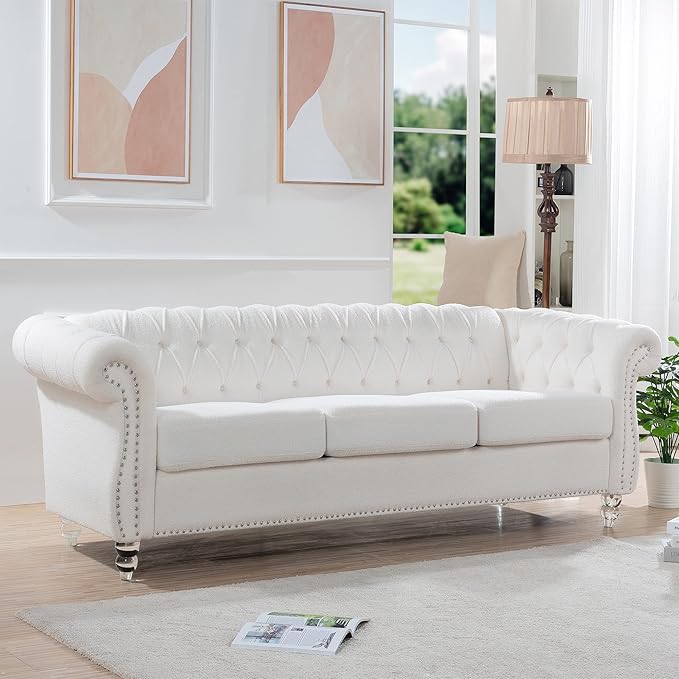 Ball &amp Cast 84 Chesterfield Sofa with Channel Tufted Seat BackClassic 3 Seater Couch Removable Square Arm Nailhead Trim and UpholsteredMid Centuryfor Living RoomBedroomOfficeWhite Polyester