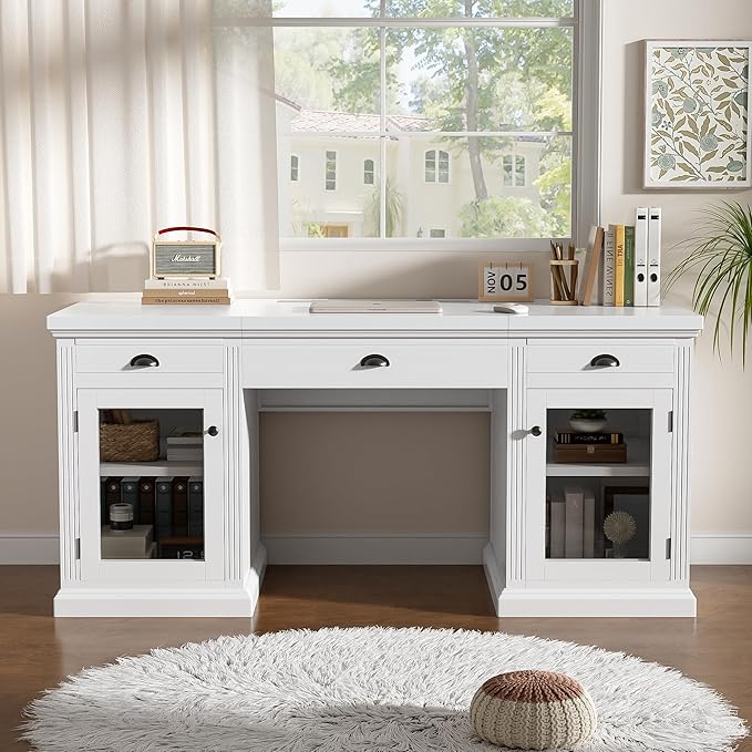Merax 67 Executive Desk with Drawers Modern Home Office Desk with Charging Station Glass Doors Cabinet Storage Wood Computer Desk for Work and StudyWhite