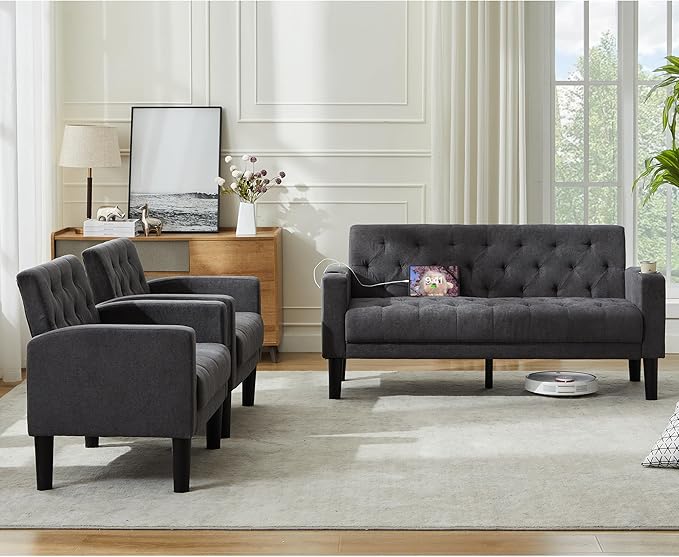 TYBOATLE Mid-Century Modern Tufted Loveseat Sofa Set w/ 2 USB &amp 2 Cupholders 3 Piece Living Room Furniture Sets Small Love Seat Couches for Small Space Apartment Bedroom Office(Dark Grey)