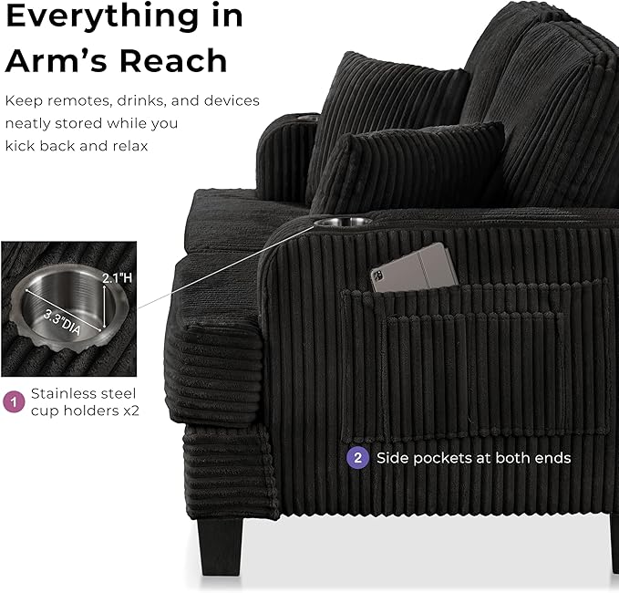Homes: Inside + Out Reese Modern Plush Chenille Comfortable Loveseat with Side Pockets Cup Holders and Pillows Wooden Soft Couch for Living Room Bedroom and Office Black