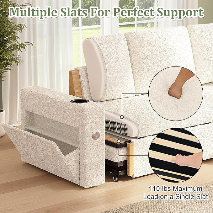 82 Inch L-Shape Sectional Couch 4-in-1 Multifunctional Pull-Out Couch Sleeper Sofa with Storage Chaise Charging Station Cup Holder for Living Room/Office/Apartment (White)