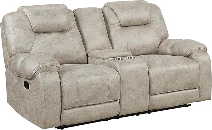 Lexicon Manual Double Reclining Loveseat Polished Microfiber Manual Wall Hugger Loveseat Recliner for Living Room Center Storage Console/Cup Holders/Pillow Top Arm Easy Assembly Pewter