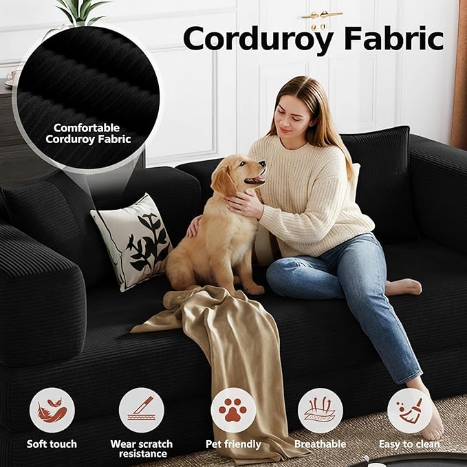 78.8 Boneless Sleeper Sofa BedConvertible Futon Couch with Storage Pocket and 2 PillowsModular Corduroy Sofa for livingroomSmall speaceBlack