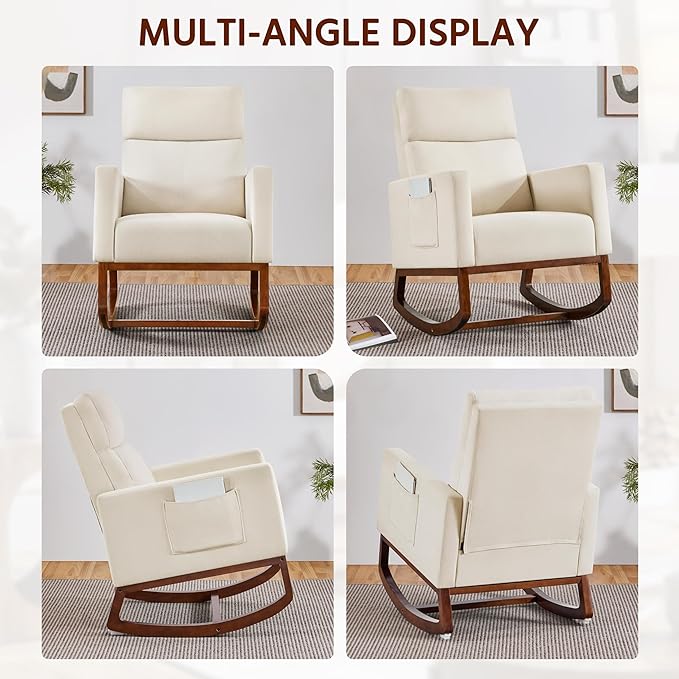 Yaheetech Rocking Living Room Chair Upholstered Glider Chair with Side Pocket Modern Accent Chair with High Back Comfy Armchair for Living Room Bedroom Lounge Nursery Beige