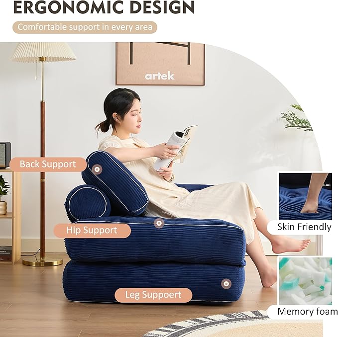 Plus Futon Sofa Bed for Small Spaces Floor Couch with Armrest Folding Sofa Couch Convertible Sleeper Chair Bed with Pillow Portable Comfy Floor Lounge for Living Room and Bedroom Blue