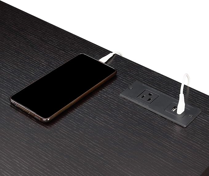 Pemberly Row Two-Drawer Desk with Charging Station Black Wood Finish 47.25 in x 23.25 in x 30.75 in Includes USB Ports and Outlet Concealed Storage Home Office Desk for Workspace Organization