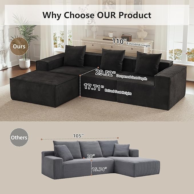 110” Sectional Couches for Living Room 3 Seat Grey Corduroy Convertible Boneless Couches Sofa Bed with Pillows Home Sofa Living Room Bedroom Memory Foam Modular Couch Daybed Lazy Floor Bed