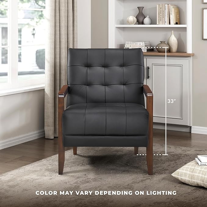 Lexicon Modern Accent Chair Luxury Genuine Leather Match Living Room Chair with Tufted Cushions Solid Wood Frame and Arm Rest Comfy Upholstered Single Seat for Bedroom/Reading/Office Black