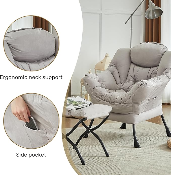 HollyHOME Lazy Chair with Foldable Ottoman Accent Comfy Lounge Armchair and Folding Footrest Stool Leisure Sofa Reading Chair and Footstool for Living Room Bedroom DormTextured Grey