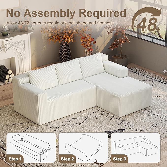 Boneless Couch with L Shaped Chaise Sectional Cloud Sofa with High Backrest Corduroy Memory Foam Couch No Assembly Cloud Couches for Living Room Apartment（White Right Facing Chaise）