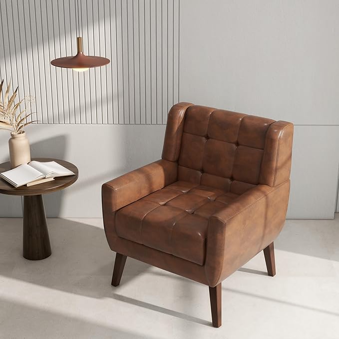 Accent Chair Comfy Mid Century Modern Small Armchairs with Solid Wood Frame and Soft Cushion for Living Room Bedroom (Faux Leather Coffee Set of 2)